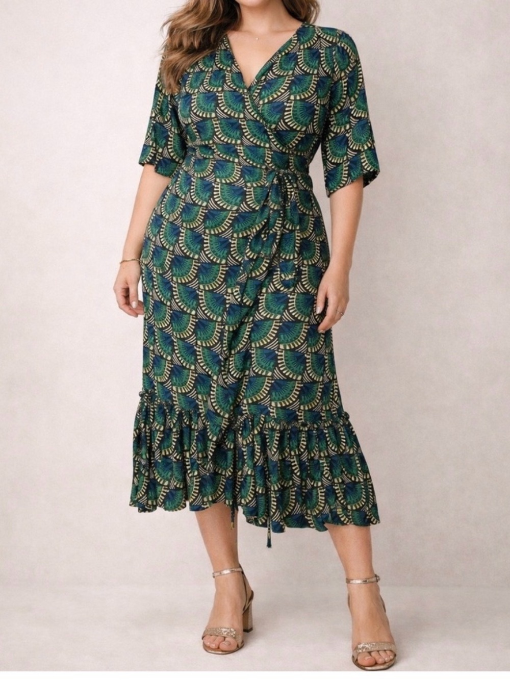 Silk & Salt Wrap Midi Dress in Teal Green Peacock/Fan Print XXL